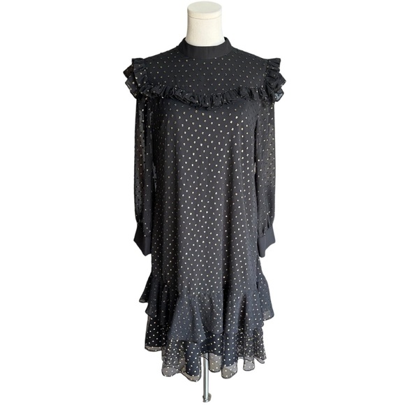 Ted Baker - Rebekha Joyous Ruffled Black Long Sleeve Polka Dots Dress Sz 2 US 6 - Picture 4 of 10
